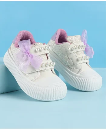 Babyoye Velcro Closure Casual Shoes With Bow & Beads Applique - Purple