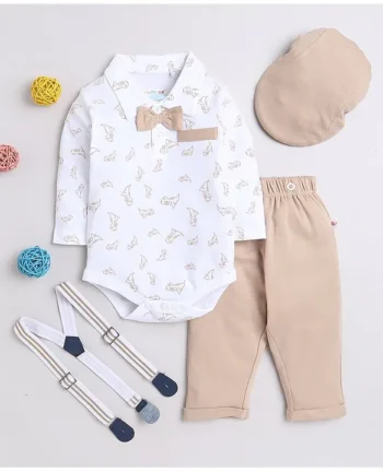 Babyhug Woven Full Sleeves Floral Printed Shirt & Trouser Set with Suspender - White & Navy Blue