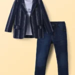 Pine Kids Knit Text Printed T-Shirt & Jeans with Full Sleeves Blazer - Navy Blue & White