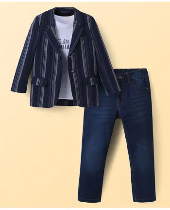 Pine Kids Knit Text Printed T-Shirt & Jeans with Full Sleeves Blazer - Navy Blue & White
