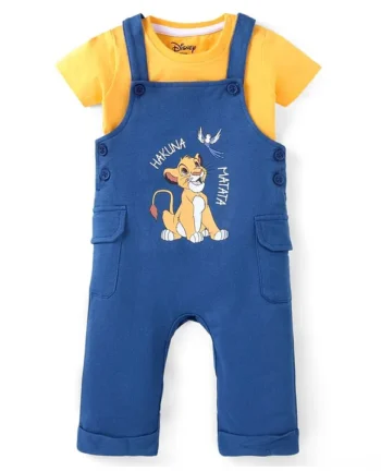 Babyhug Disney Single Jersey Knit Dungarees & Half Sleeve Tee with Lion King Graphics -Navy & Yellow