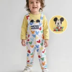 Babyhug Disney Single Jersey Knit Full Sleeves Mickey Mouse Printed T-Shirt & Full Length Dungaree - White & Yellow
