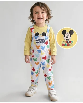 Babyhug Disney Single Jersey Knit Full Sleeves Mickey Mouse Printed T-Shirt & Full Length Dungaree - White & Yellow