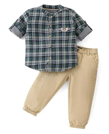 Simply Premium Cotton Woven Full Sleeves Mandarin Collar Checks Shirt & Pants Set - Dark Green & Beige