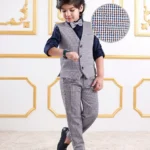 Mark & Mia Cotton Woven Full Sleeves Checkered 3 Piece Party Suit With Bow - Grey & Navy Blue