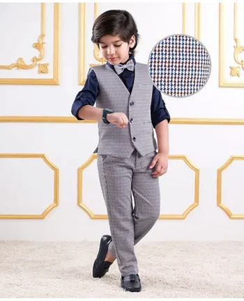 Mark & Mia Cotton Woven Full Sleeves Checkered 3 Piece Party Suit With Bow - Grey & Navy Blue