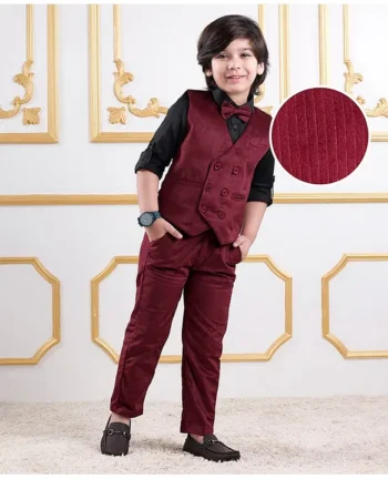 Mark & Mia Full Sleeves Solid Colour 3 Piece Party Suit with Bow - Maroon & Black