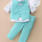 Mark & Mia Full Sleeves Anchor & Light House Printed 3 Piece Party Suit with Bow - Sky Blue