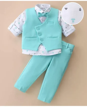 Mark & Mia Full Sleeves Anchor & Light House Printed 3 Piece Party Suit with Bow - Sky Blue