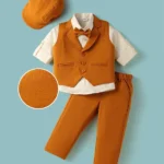 Mark & Mia Cotton Woven Full Sleeves Solid 3 Piece Party Suit With Bow & Hat - Light Brown & White