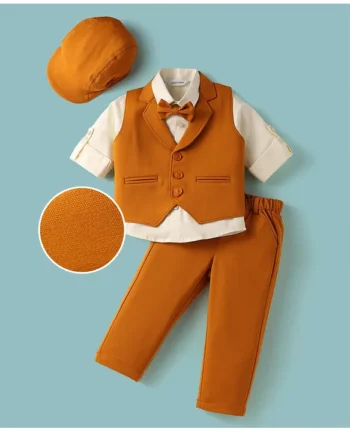 Mark & Mia Cotton Woven Full Sleeves Solid 3 Piece Party Suit With Bow & Hat - Light Brown & White