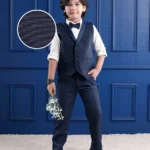 Mark & Mia Cotton Woven Full Sleeves Solid Colour 3 Piece Party Suit With Bow - Navy Blue