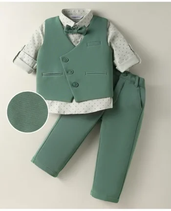 Mark & Mia Cotton Woven Full Sleeves Printed 3 Piece Party Suit With Bow - Green