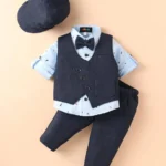 ROBO FRY Robo Fry Lycra Knit Full Sleeves Nautical Theme Printed 3 Piece Party Suit With Bow & Hat - Light Blue & Charcoal Grey