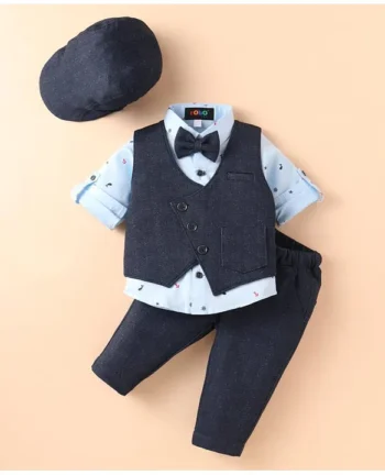 ROBO FRY Robo Fry Lycra Knit Full Sleeves Nautical Theme Printed 3 Piece Party Suit With Bow & Hat - Light Blue & Charcoal Grey