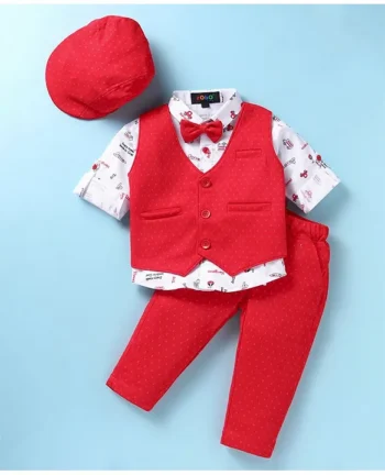 ROBO FRY Robo Fry Lycra Knit Full Sleeves Car Printed 3 Piece Party Suit with Bow & Hat - Red