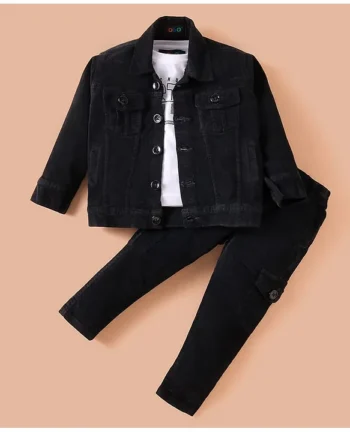 ROBO FRY Robo Fry Velvet Knit Full Sleeves Solid Color Jacket with T-Shirt & Trouser Set with Text Print - Black