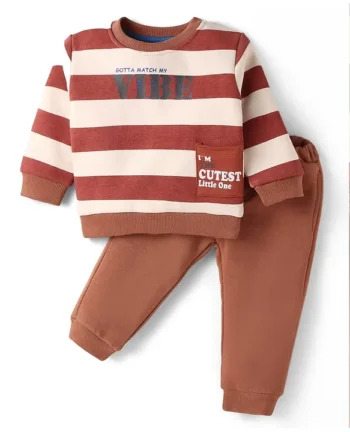 ToffyHouse Fleece Knit Full Sleeves Winter Wear Striped T-Shirt & Lounge Pant Set with Text Print - Brown