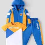 Babyhug Terry Knit Full Sleeves Cut & Sew Text Printed Hooded Sweatjacket T-Shirt & Joggers Set - Blue White & Yellow