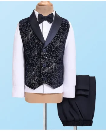 Babyhug Woven Full Sleeves Floral Embroidered Textured 3 Piece Party Suit with Bow - Navy Blue