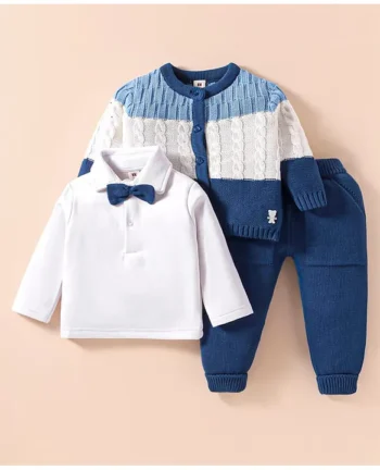 ToffyHouse Knitted Full Sleeves Winter Wear Color Block Sweater Cardigan & T-Shirt with Solid Joggers Set with Bow - Navy Blue & White