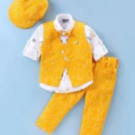 Dapper Dudes Full Sleeves Abstract Printed Shirt With Waistcoat Bow Cap & Bottom Set - Yellow
