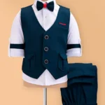 Rikidoos Full Sleeves Solid Pocket Detailed Shirt With Waistcoat Pant & Bow Set - Peacock & White