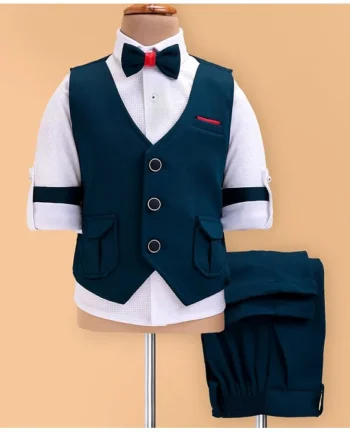 Rikidoos Full Sleeves Solid Pocket Detailed Shirt With Waistcoat Pant & Bow Set - Peacock & White