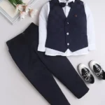 Fourfolds Cotton Blend Full Sleeves Solid Shirt Trouser With Cheked Waistcoat & Bow Set - Navy Blue