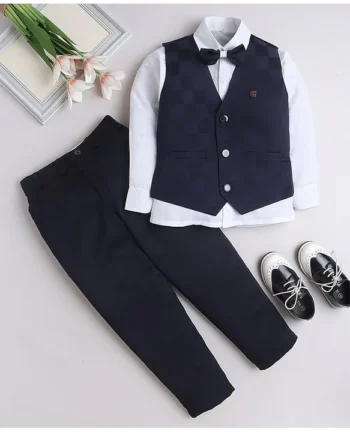 Fourfolds Cotton Blend Full Sleeves Solid Shirt Trouser With Cheked Waistcoat & Bow Set - Navy Blue