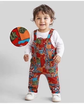 Babyhug Marvel Single Jersey Knit Full Sleeves Avengers Printed T-Shirt & Dungaree - White