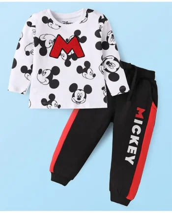 Babyhug Disney Single Jersey Knit Full Sleeves T-Shirt & Lounge Pant Set With Mickey Mouse Graphics - White & Black