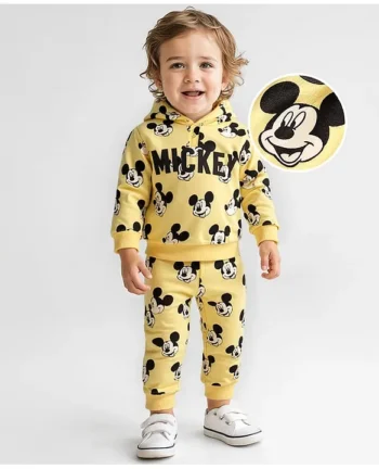 Babyhug Disney Terry Knit Full Sleeves Hooded T-Shirt & Lounge Pant Set With Mickey Mouse Graphics - Yellow