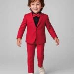 Babyhug Woven Full Sleeves Solid 3 Piece Party Suit With Bow - Red