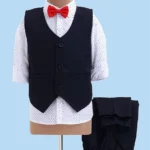 Babyhug Woven Full Sleeves Printed 3 Piece Party Suit With Bow - White & Navy Blue
