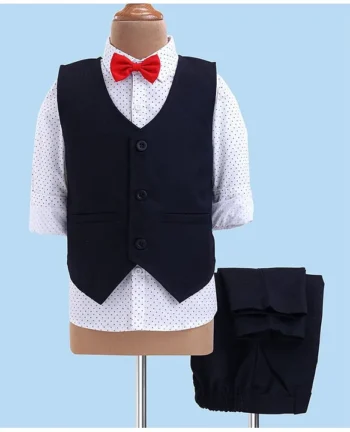 Babyhug Woven Full Sleeves Printed 3 Piece Party Suit With Bow - White & Navy Blue
