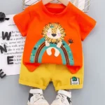 Googo Gaaga Cotton Half Sleeves Lion Printed Tee With Shorts Set - Orange & Yellow