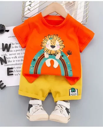 Googo Gaaga Cotton Half Sleeves Lion Printed Tee With Shorts Set - Orange & Yellow