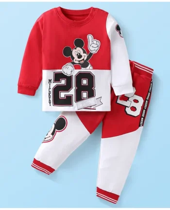 Babyhug Disney Single Jersey Knit Full Sleeves Cut & Sew Mickey Mouse Printed T-Shirt & Track Pant with Patch & Tape Detailing - Red