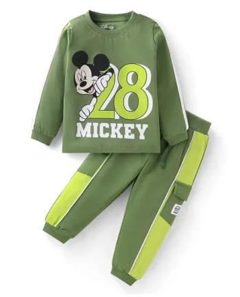 Babyhug Disney Single Jersey Knit Full Sleeves T-Shirt & Lounge Pant Set With Mickey Mouse Graphics - Green