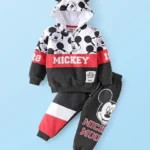 Babyhug Disney Terry Knit Full Sleeves Hooded Sweatshirt & Lounge Pant Set With Mickey Mouse Graphics & Ear Applique - Black White & Red