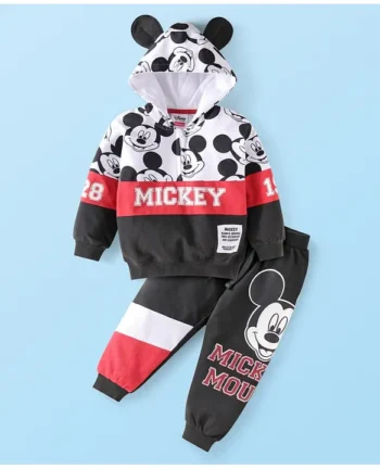 Babyhug Disney Terry Knit Full Sleeves Hooded Sweatshirt & Lounge Pant Set With Mickey Mouse Graphics & Ear Applique - Black White & Red