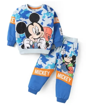 Babyhug Disney Terry Knit Full Sleeves T-Shirt & Lounge Pant Set With Mickey Mouse Graphics - Blue