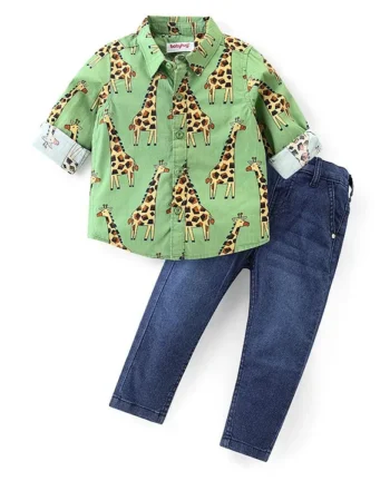 Babyhug Cotton Woven Full Sleeves Shirt & Denim Jeans Set With Giraffe Print - Green & Blue