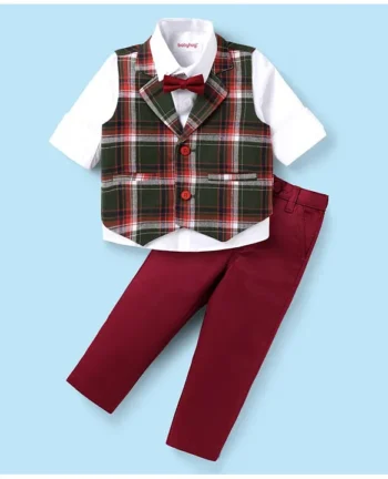 Babyhug Woven Full Sleeves Checks 3 Piece Party Suit With Bow - Rust