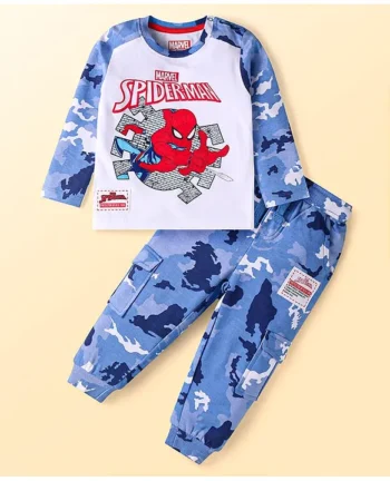 Babyhug Marvel Single Jersey Knit Full Raglan Sleeves T-Shirt & Lounge Pant Set With Spiderman Graphics & Camouflage Print -White & Blue
