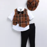 LITTLE COLLARS Full Sleeves Solid Shirt Pant With Checked Waistcoat Cap & Bow Set - Brown