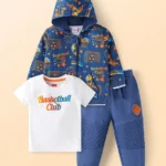 Babyhug Terry Knit Full Sleeves Sport Theme Printed Hooded Jacket with Cut & Sew Pattern Lounge Pant & T-Shirt - Navy Blue & White