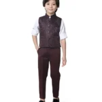 Earth Conscious Full Sleeves Jacquard Design 3 Piece Party Suit Set - White & Wine
