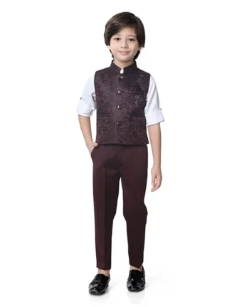 Earth Conscious Full Sleeves Jacquard Design 3 Piece Party Suit Set - White & Wine
